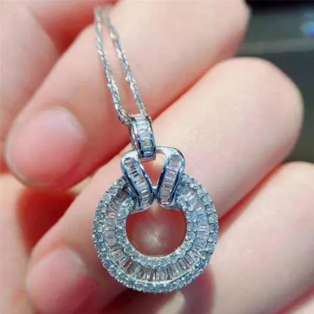 New Baguette Diamond Halo Circle Necklace